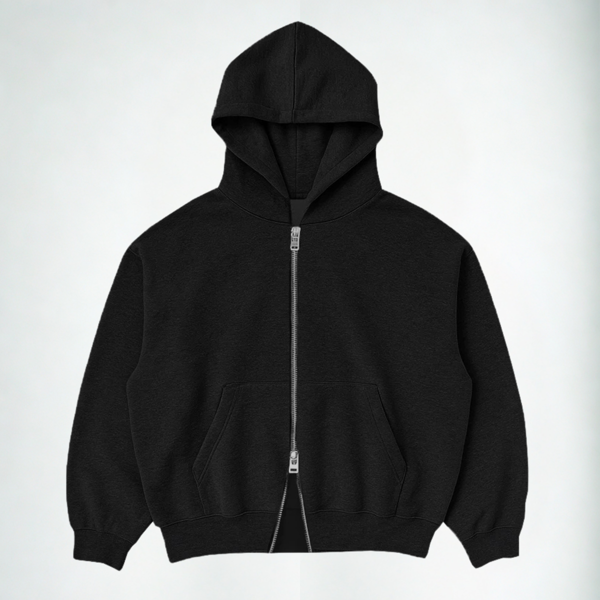 Casaco moletom double zip preto FLEECE com capuz visto de costas