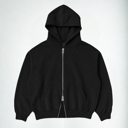 Casaco moletom double zip preto FLEECE com capuz visto de costas